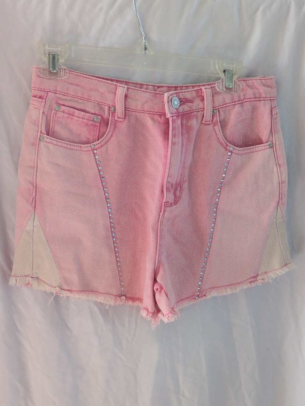 Pink Stud-Trim Denim Shorts with Cream Side Panels